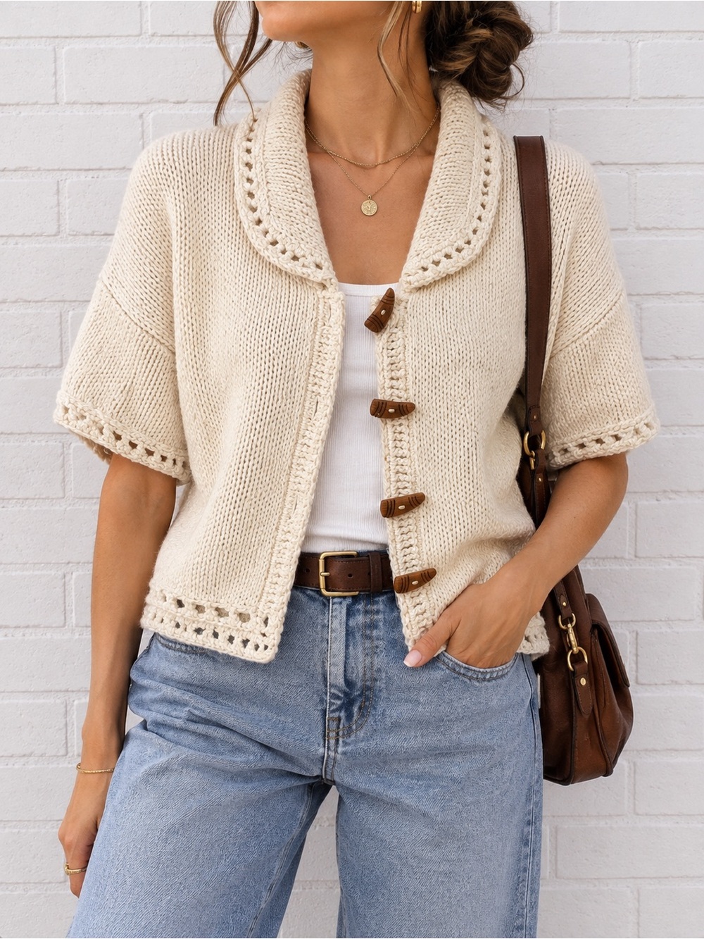 Vintage RICO Cotton Cardigan Medium Cream Wooden Toggle Short Sleeve Chunky Knit